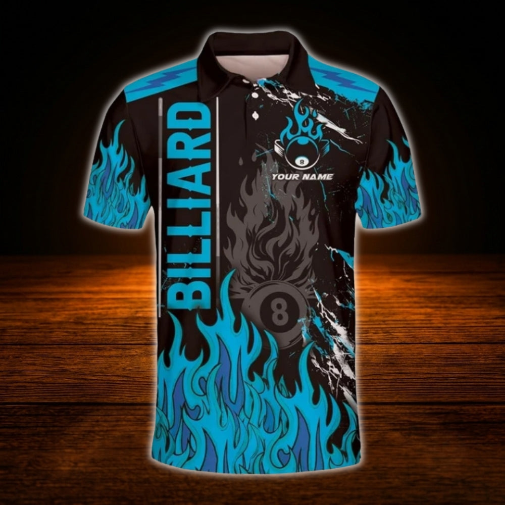 Custom 8 Ball Fire Billiard Men Polo Shirt Orange Black, Custom Flame Billiard Shirt For Team