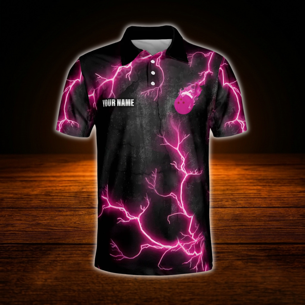 Custom Pink Thunder Bowling Polo Shirts For Men, Custom Thunder Bowling Team Shirts