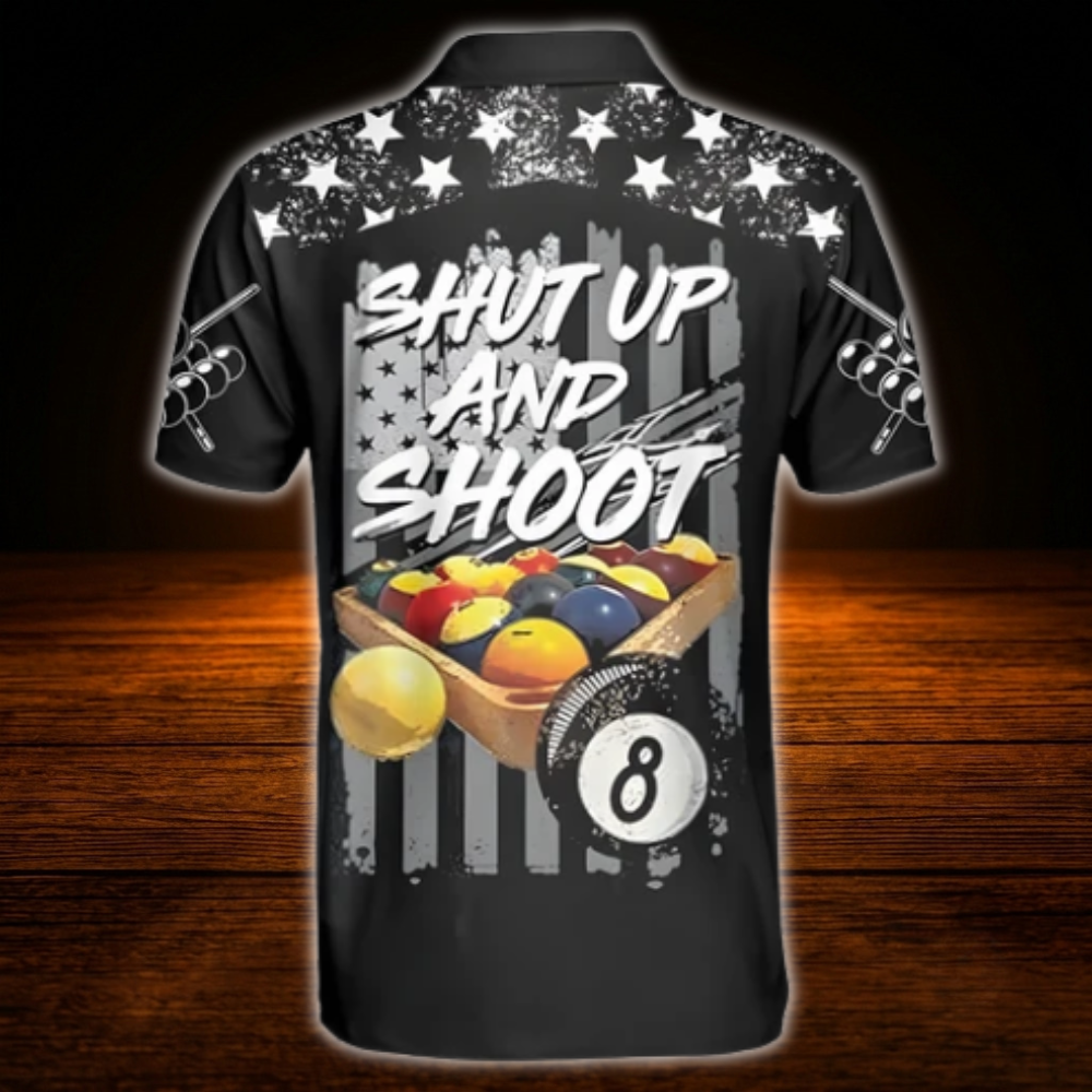 Shut Up And Shoot Custom USA Flag Billiard Men Polo Shirt, Custom Funny Billiard Shirt