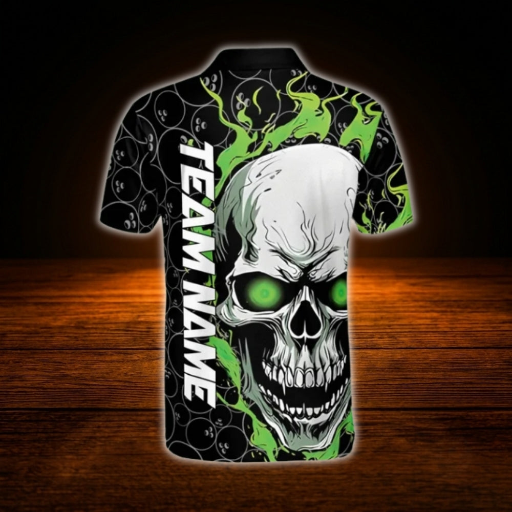Custom Skull Green Flame Men's Bowling Polo Shirt, Custom Skull Bowling Shirt For Team