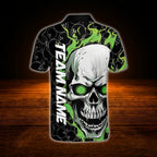 Custom Skull Green Flame Men's Bowling Polo Shirt, Custom Skull Bowling Shirt For Team