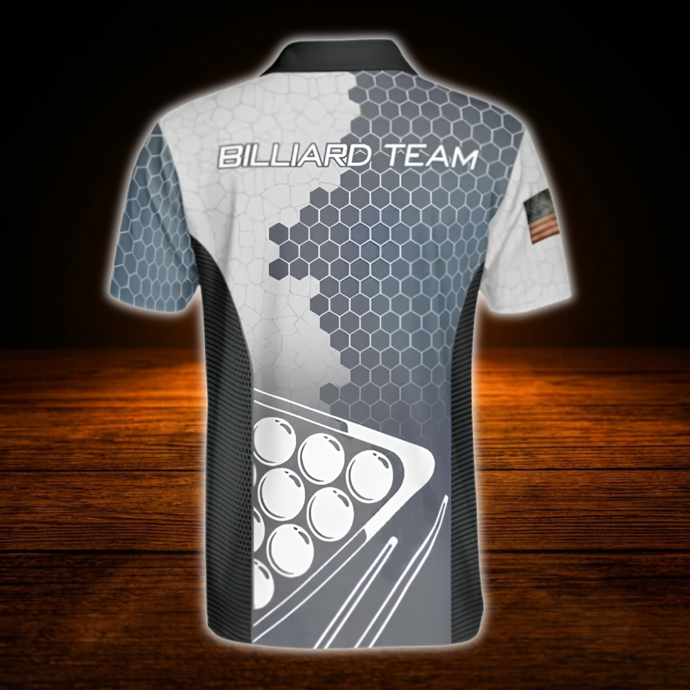 Custom Grey Blue Billiard Team Polo Shirt, Custom Billiard Shirt For Men