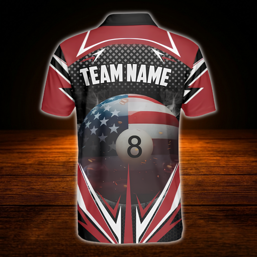 Custom 8 Ball USA Flag Men's Billiard Polo Shirt, Custom Patriotic Team Billiard Shirts