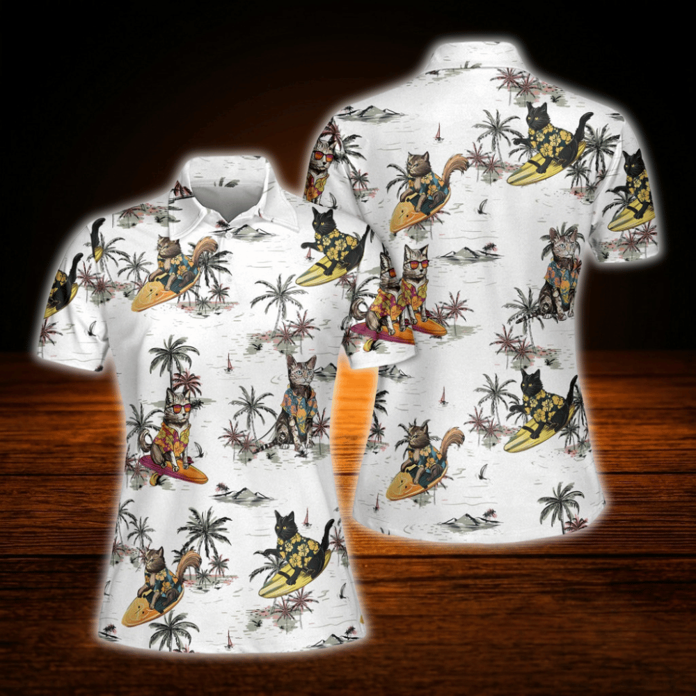 Funny Cat Tropical Women's Golf Polo Shirts , Cat Golf Shirts For Women
