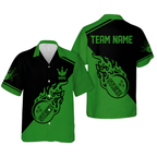 Custom Flame Strike Ball Red And Black Hawaiian Bowling Shirts For Men, Custom Flame Bowling Team Shirts BE0086