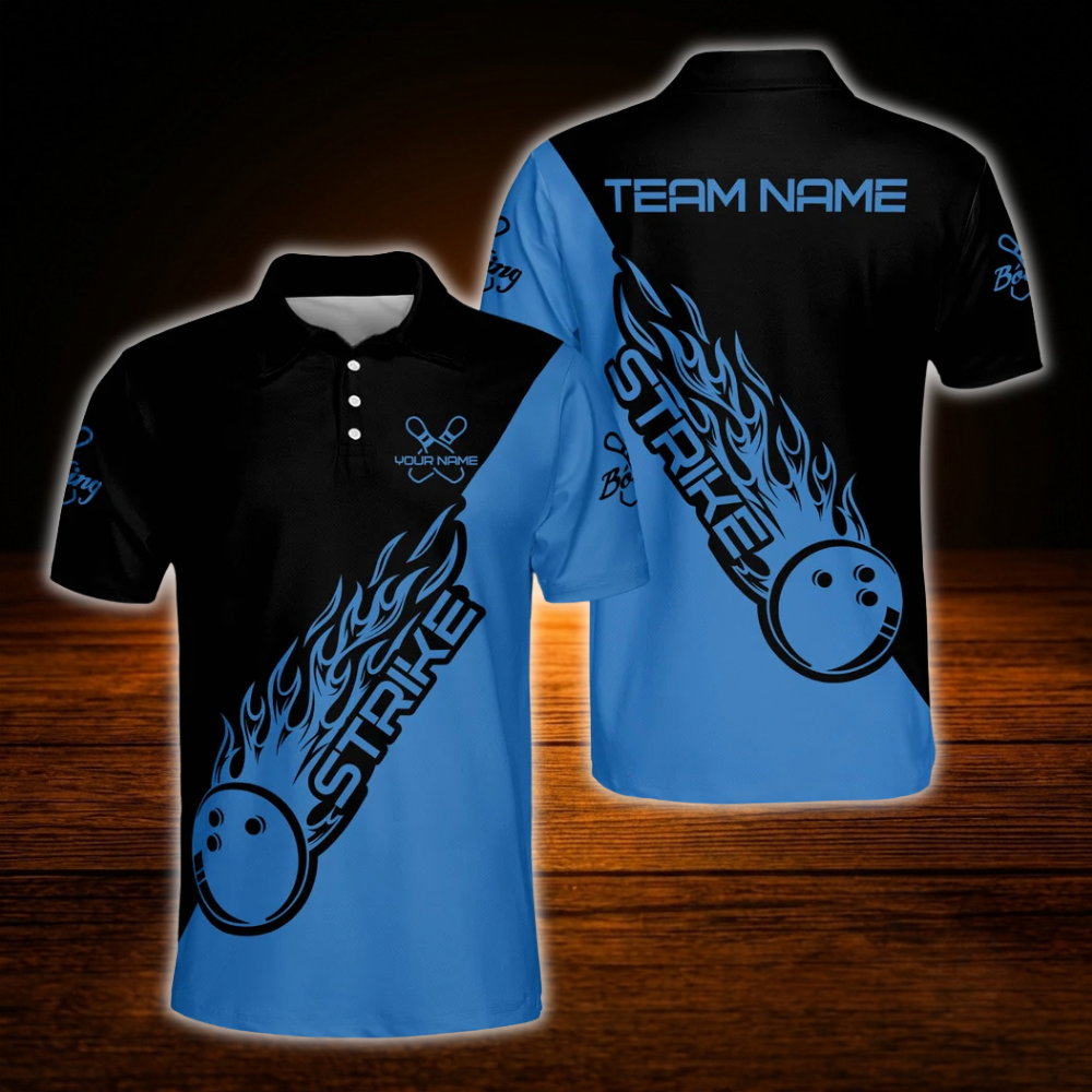Custom Blue Flame Strike Bowling Polo Shirts For Men, Custom Flame Bowling Team Shirts