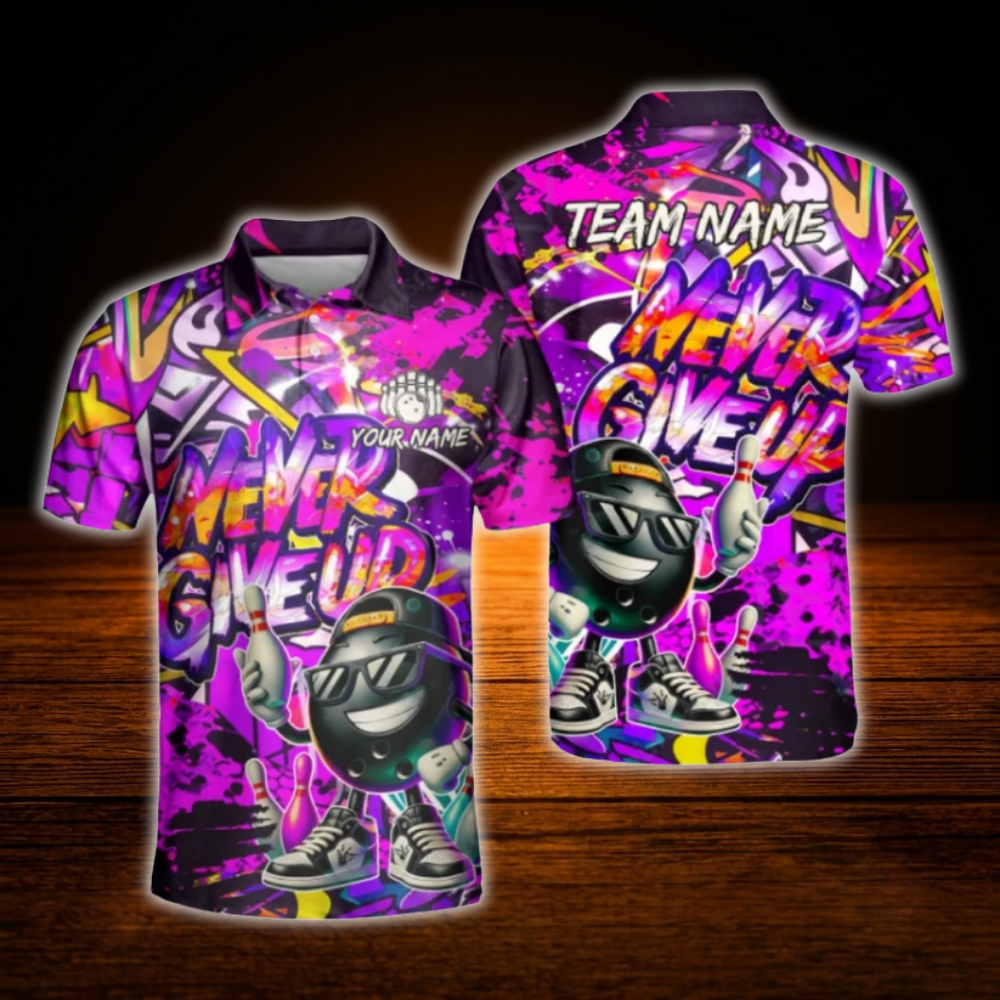 Custom Graffiti Never Give Up Bowling Polo Mens Shirts, Custom Graffiti Bowling Team Shirts