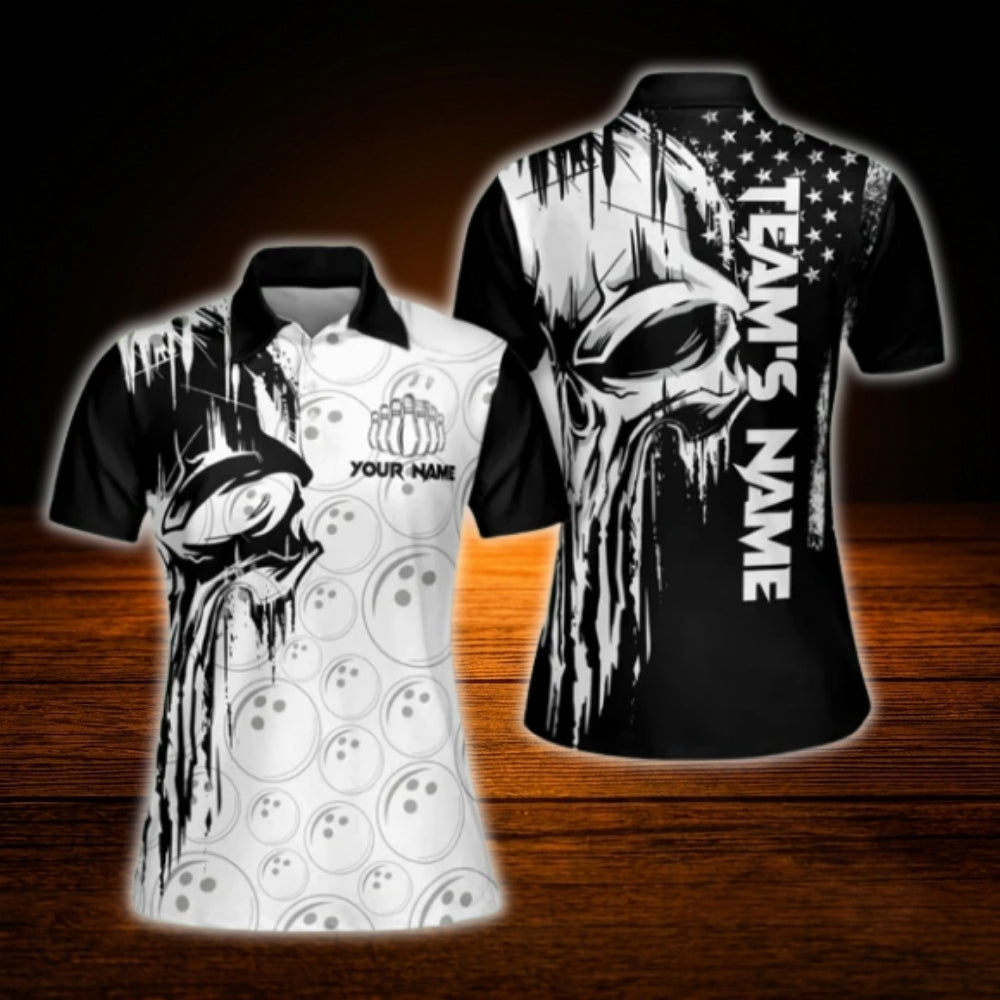 Custom Skull Black And White Women's Bowling Polo Shirt, Custom Skull Bowling Team Shirt Women