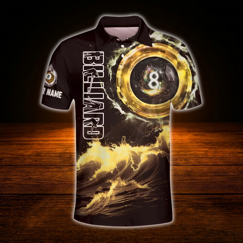 Custom 8 Ball Purple Lightning Billiard Men Polo Shirt, Custom 8 Ball Pool Team Shirt