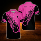Custom Flame Blue And Black Bowling Polo Shirts For Men, Custom Flame Bowling Team Shirts