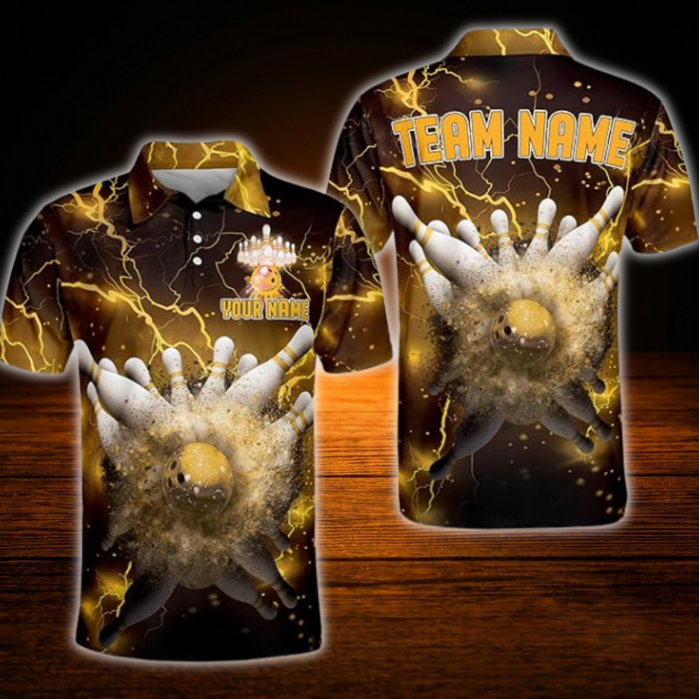 Custom Thunder Black and Blue Bowling Polo Shirts For Men, Custom Thunder Team Bowling Shirts