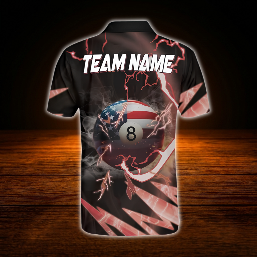 Custom USA Flag Thunder Men's Billiard Polo Shirt, Custom Patriotic Billiard Team Shirt
