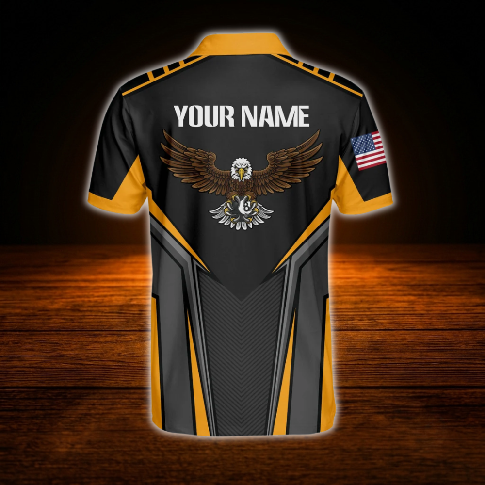 Custom Eagle Black Yellow Billiard Polo Shirt Men, Custom Eagle Billiard Team Shirt