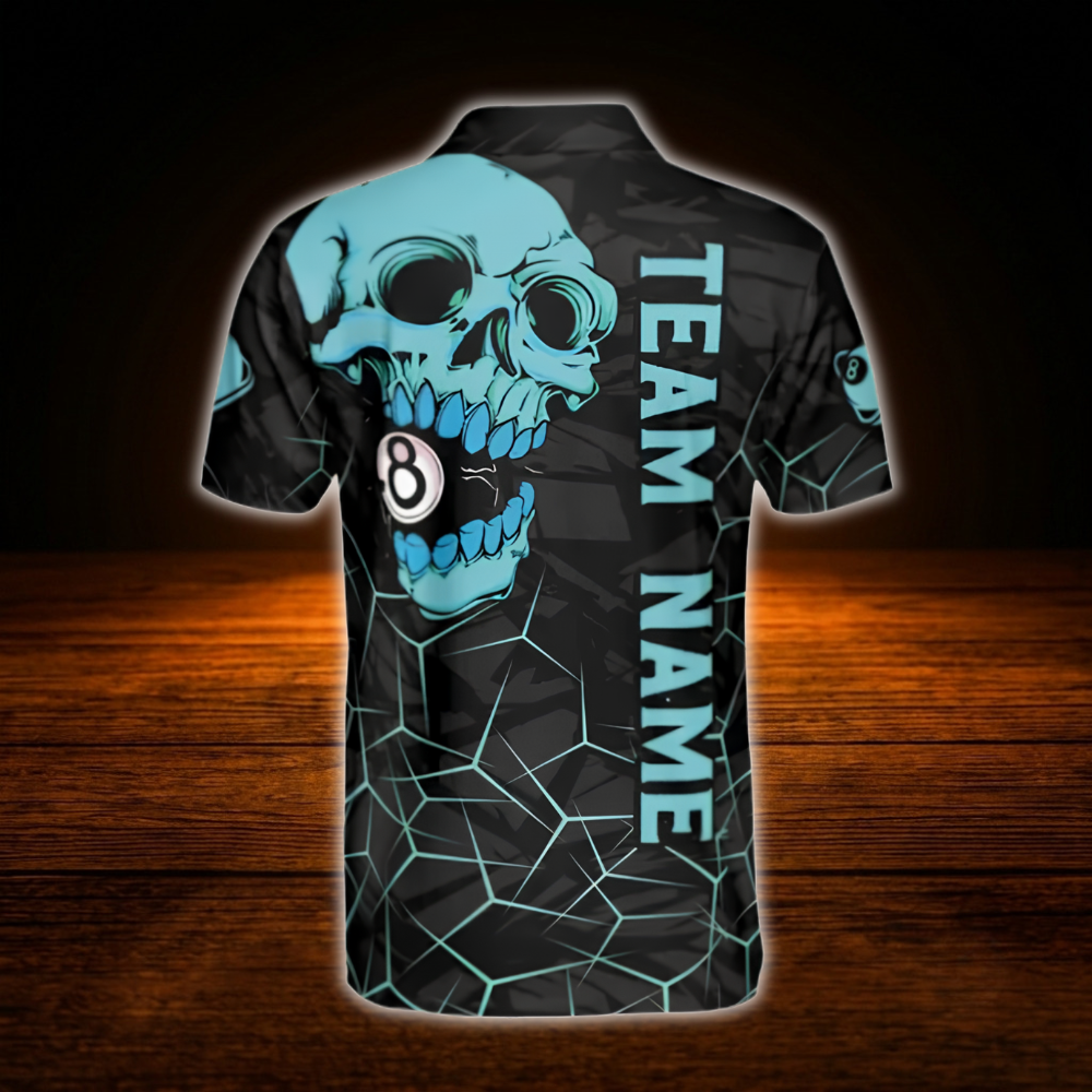 Custom Skull Cyan Black Men's Billiard Polo Shirt, Custom Skull Billiard Team Shirt