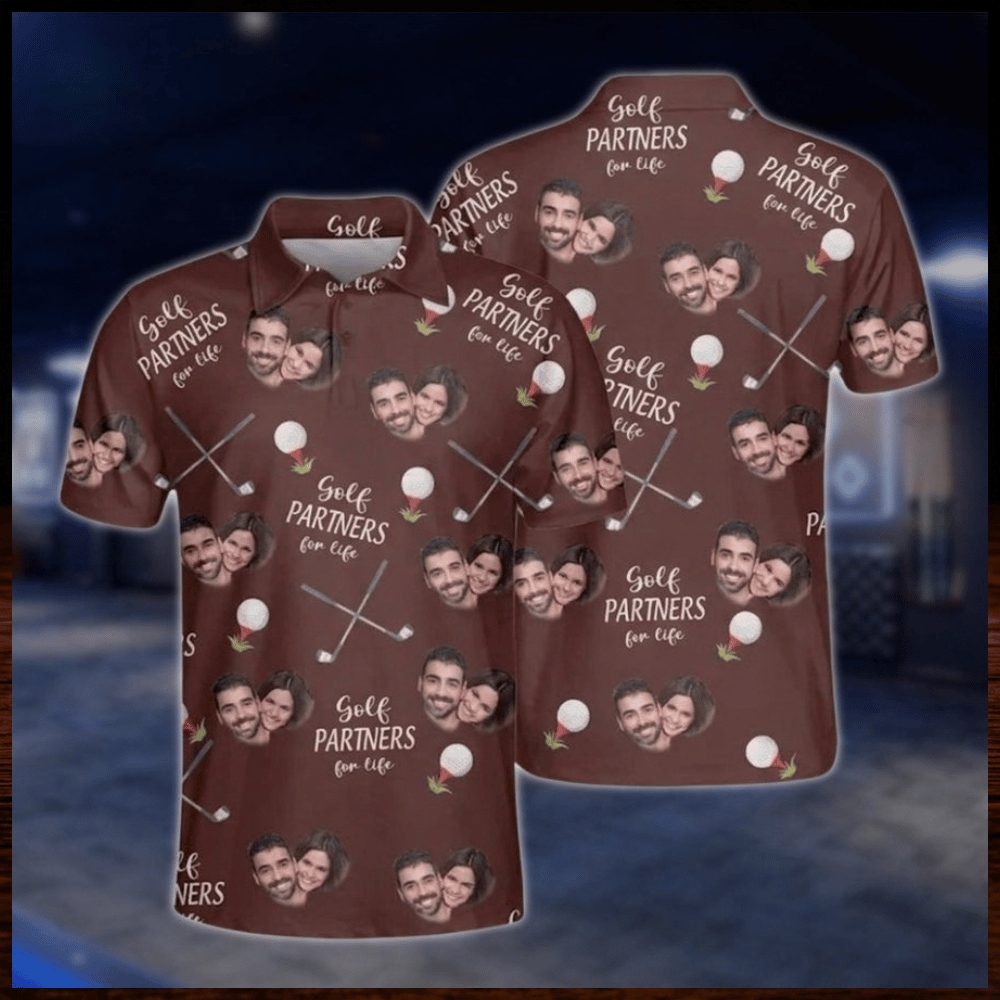 Golf Partners For Life Custom Face Matching Golf Polo Shirt For Men And Women, Custom Photo Couples Golf Shirts