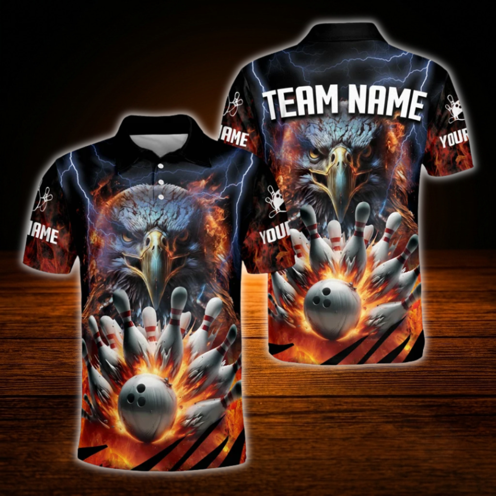 Custom Eagles Flame Bowling Polo Shirts Mens, Custom Eagles Bowling Team Shirts
