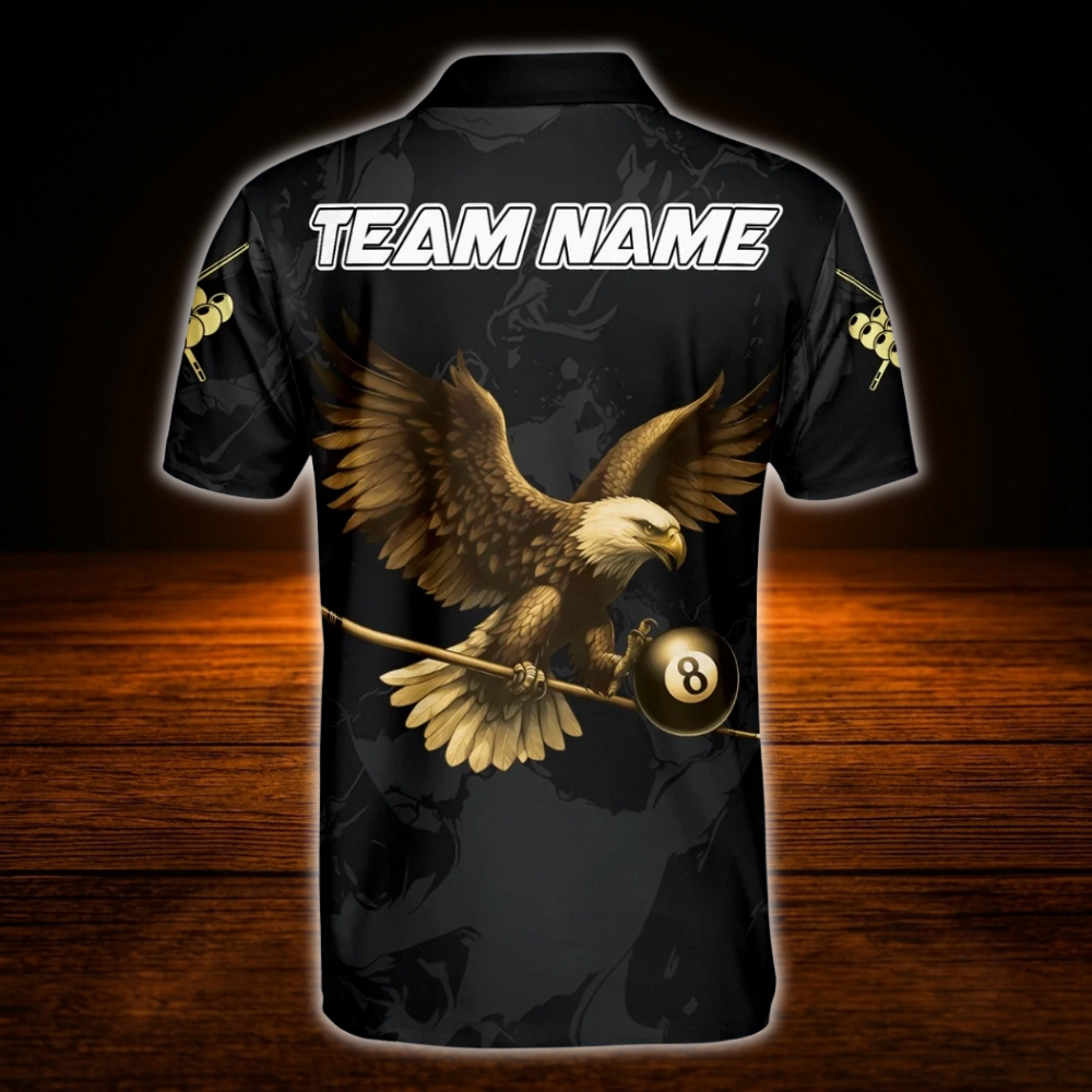 Custom Eagle Gold Black Billiard Polo Shirt Men, Custom Eagle Team Billiard Shirt