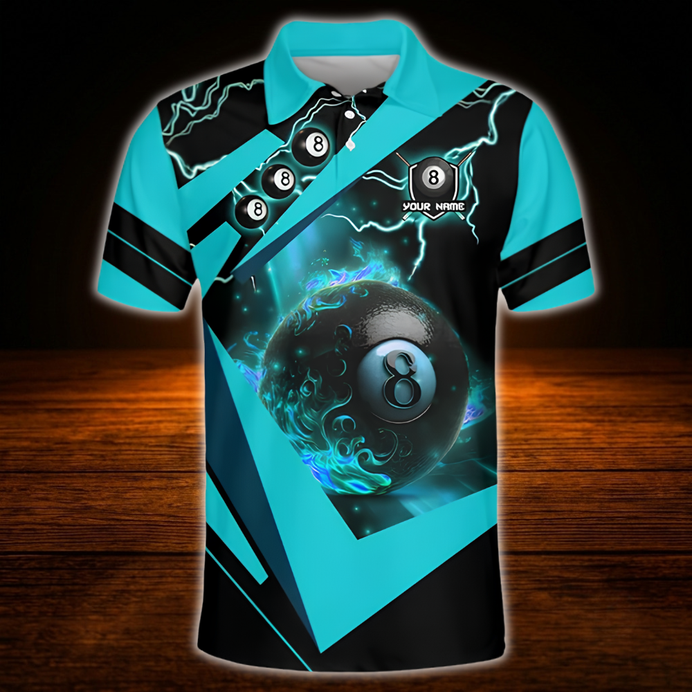 Custom 8 Ball Blue Thunder Billiard Polo Shirt Men, Custom 8 Ball Billiard Team Shirt
