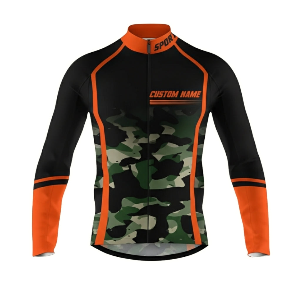 Custom Camo Black And Orange Cycling Long Sleeve Jersey For Men, Custom Camouflage Cycling Jerseys CZ0047