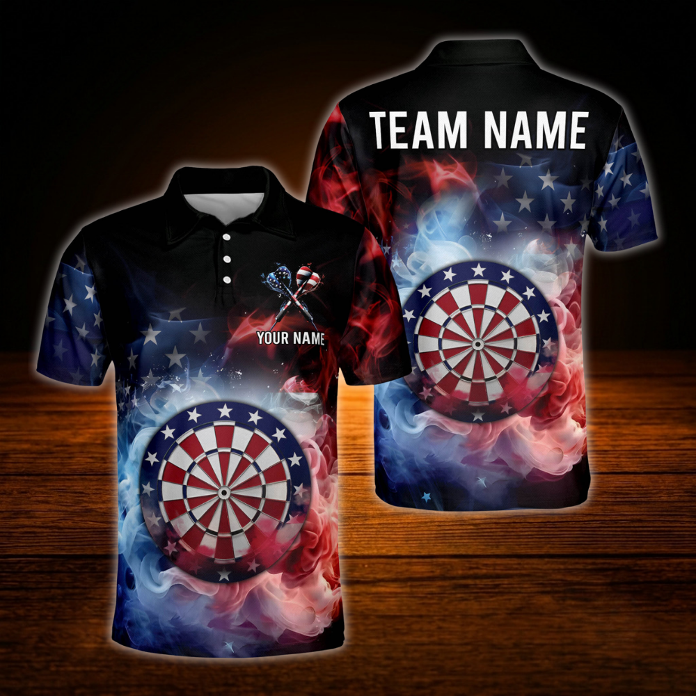 Custom American Flag Smoke Darts Mens Polo Shirt, Personalized Patriotic Darts Team Shirts DM0025