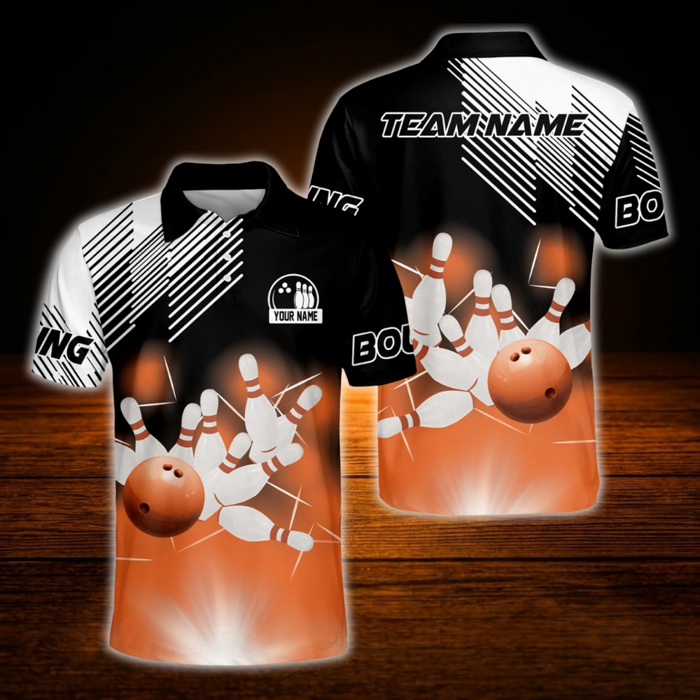 Custom Team Blue Black White Bowling Polo Shirt, Men's Custom Bowling Shirt