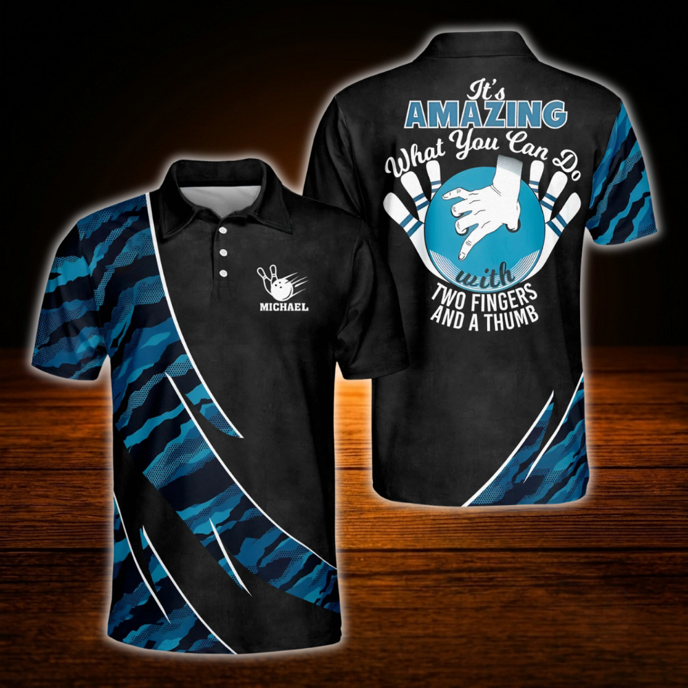 It's Amazing What You Can Do With Two Fingers And A Thumb Custom Camo Bowling Men Polo Shirt, Custom Funny Bowling Shirt