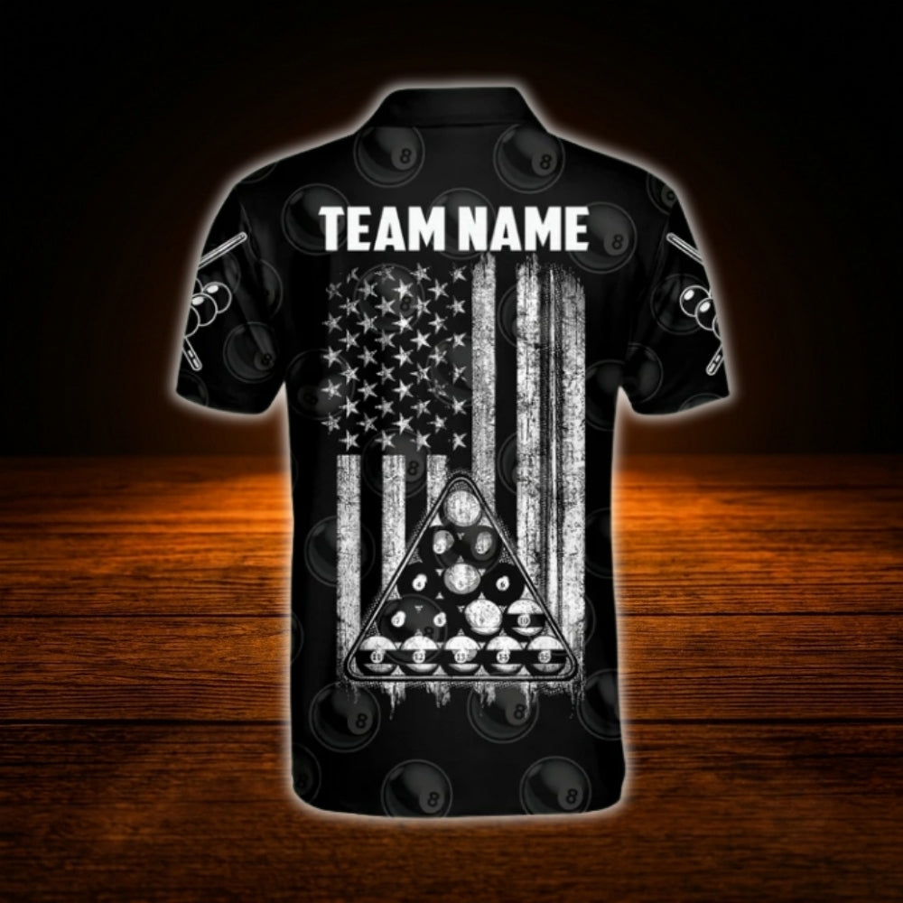 Custom USA Flag Black Billiard Polo Shirt For Men, Custom Patriotic Billiard Team Shirt