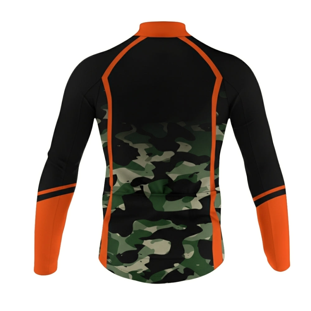 Custom Camo Black And Orange Cycling Long Sleeve Jersey For Men, Custom Camouflage Cycling Jerseys CZ0047