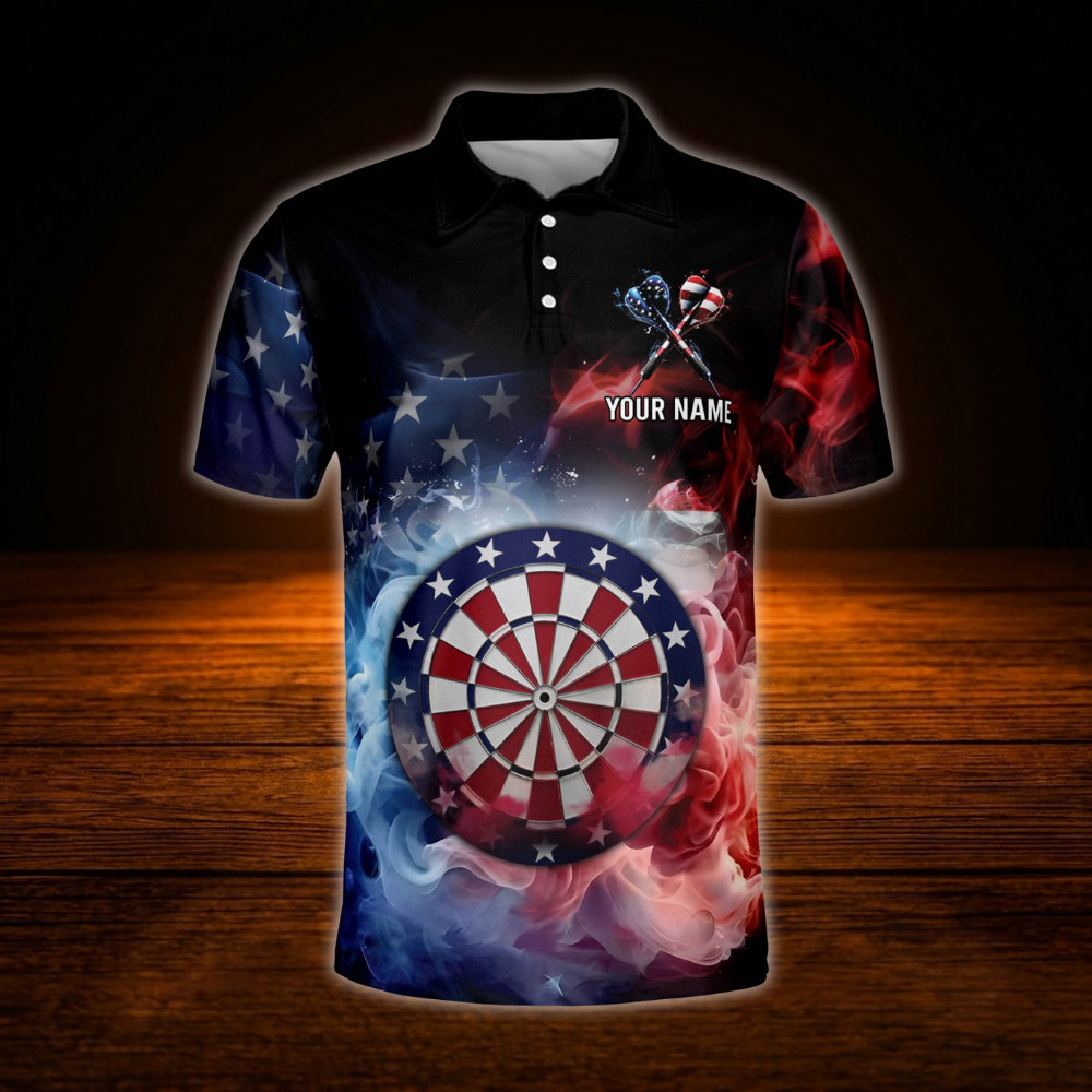 Custom American Flag Smoke Darts Mens Polo Shirt, Personalized Patriotic Darts Team Shirts DM0025