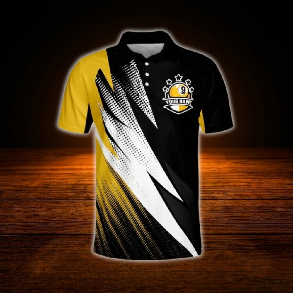 Custom 9 Ball Yellow Black Billiard Men Polo Shirt, Custom 9 Ball Pool Team Shirt