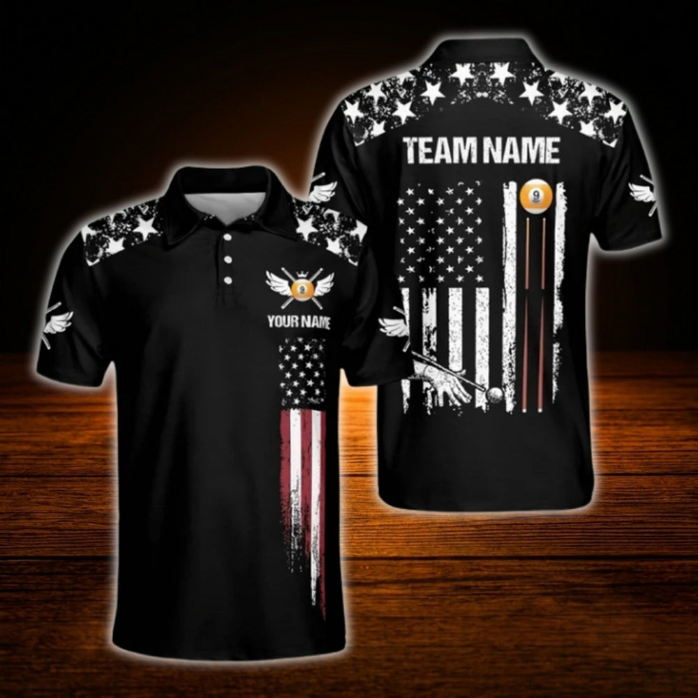 Custom 9 Ball USA Flag Billiard Polo Shirt, Custom Team Patriot Billiard Shirt
