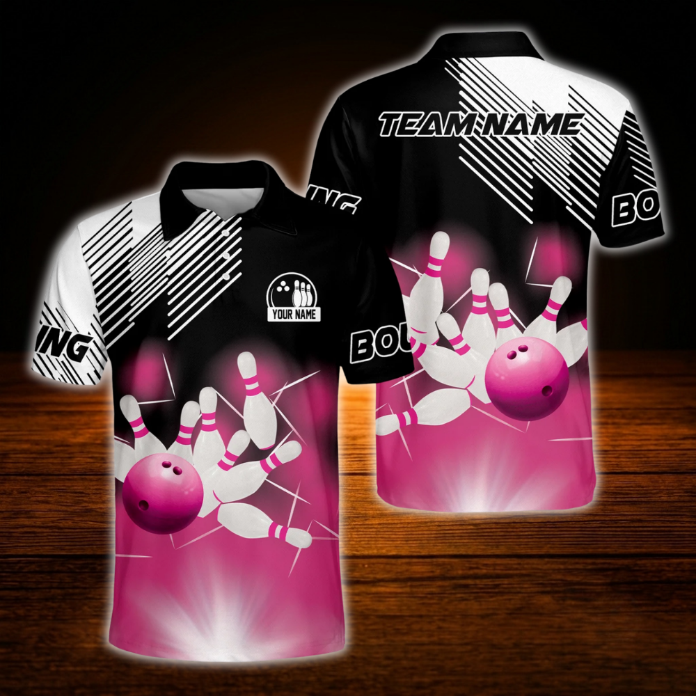 Custom Team Blue Black White Bowling Polo Shirt, Men's Custom Bowling Shirt