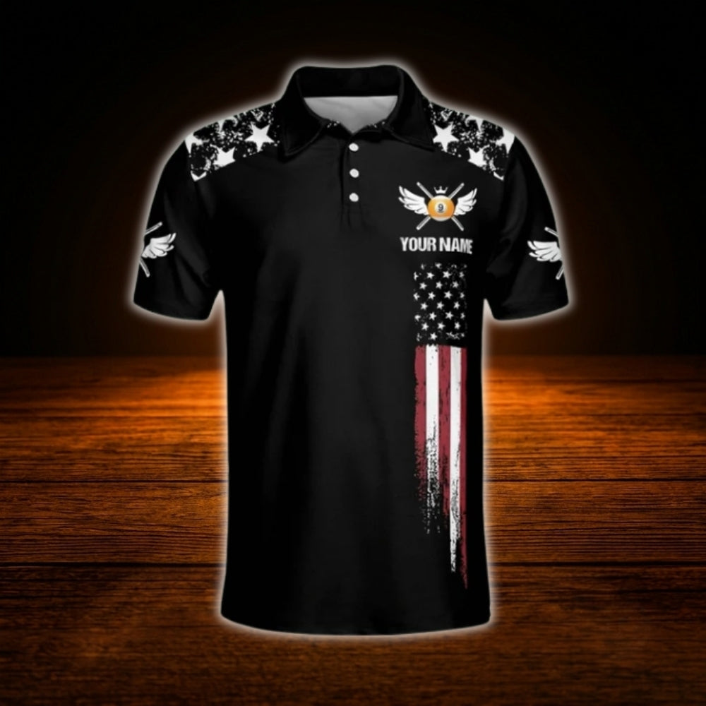 Custom 9 Ball USA Flag Billiard Polo Shirt, Custom Team Patriot Billiard Shirt