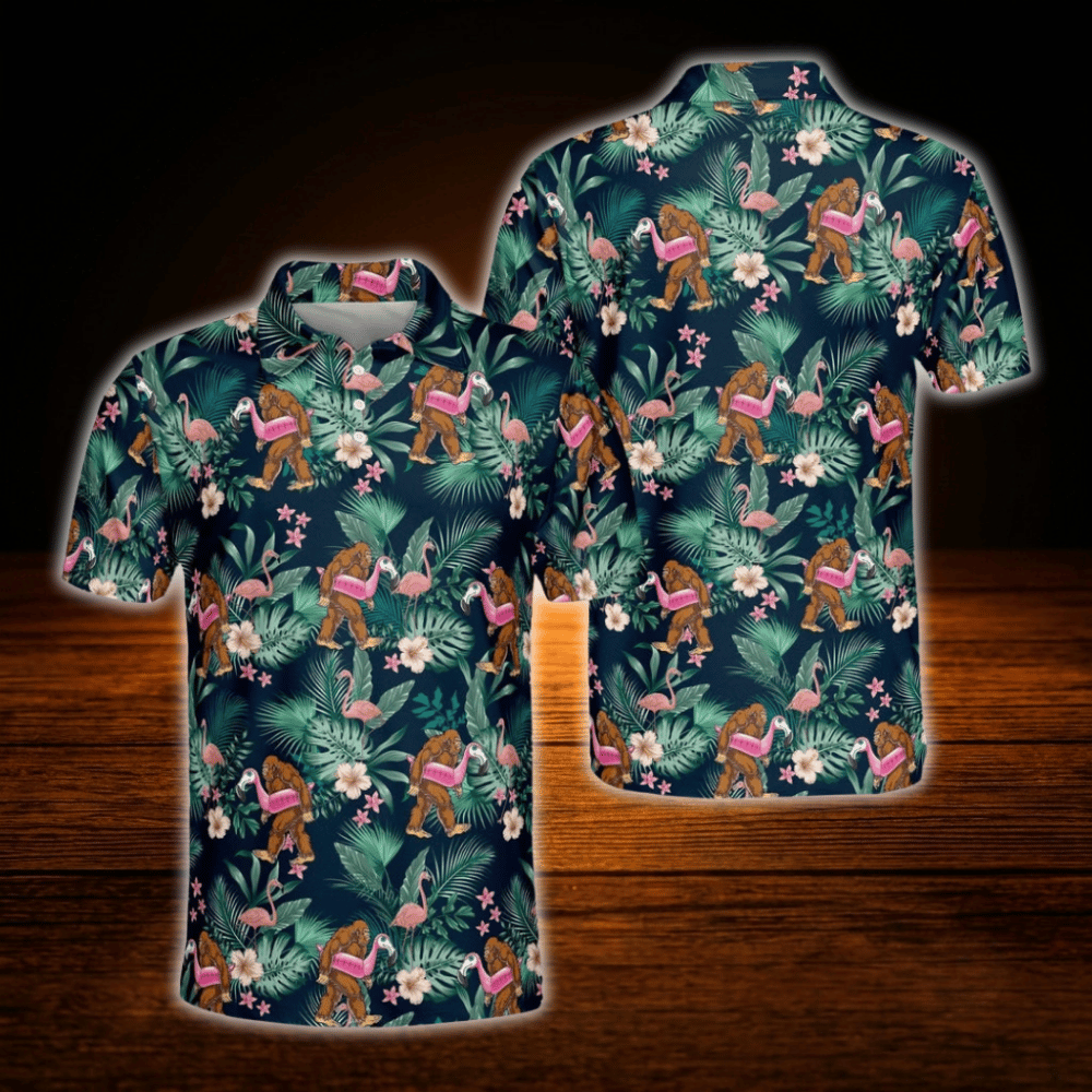 Bigfoot Floral Palm Tree Tropical Mens Golf Polo Shirts, Bigfoot Golf Shirts