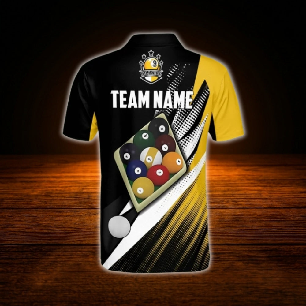 Custom 9 Ball Yellow Black Billiard Men Polo Shirt, Custom 9 Ball Pool Team Shirt