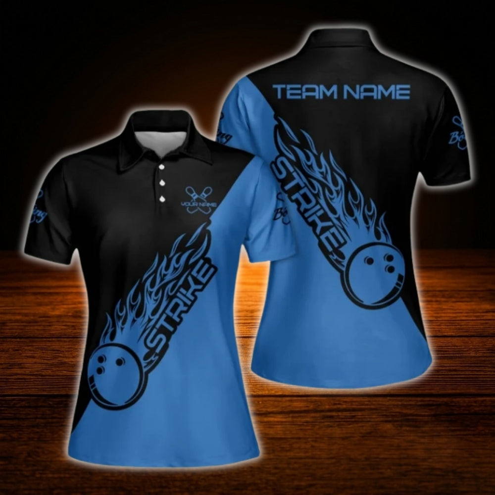 Women's Custom Blue Black Flame Bowling Polo Shirt, Custom Flame Bowling Team Shirt Ladies