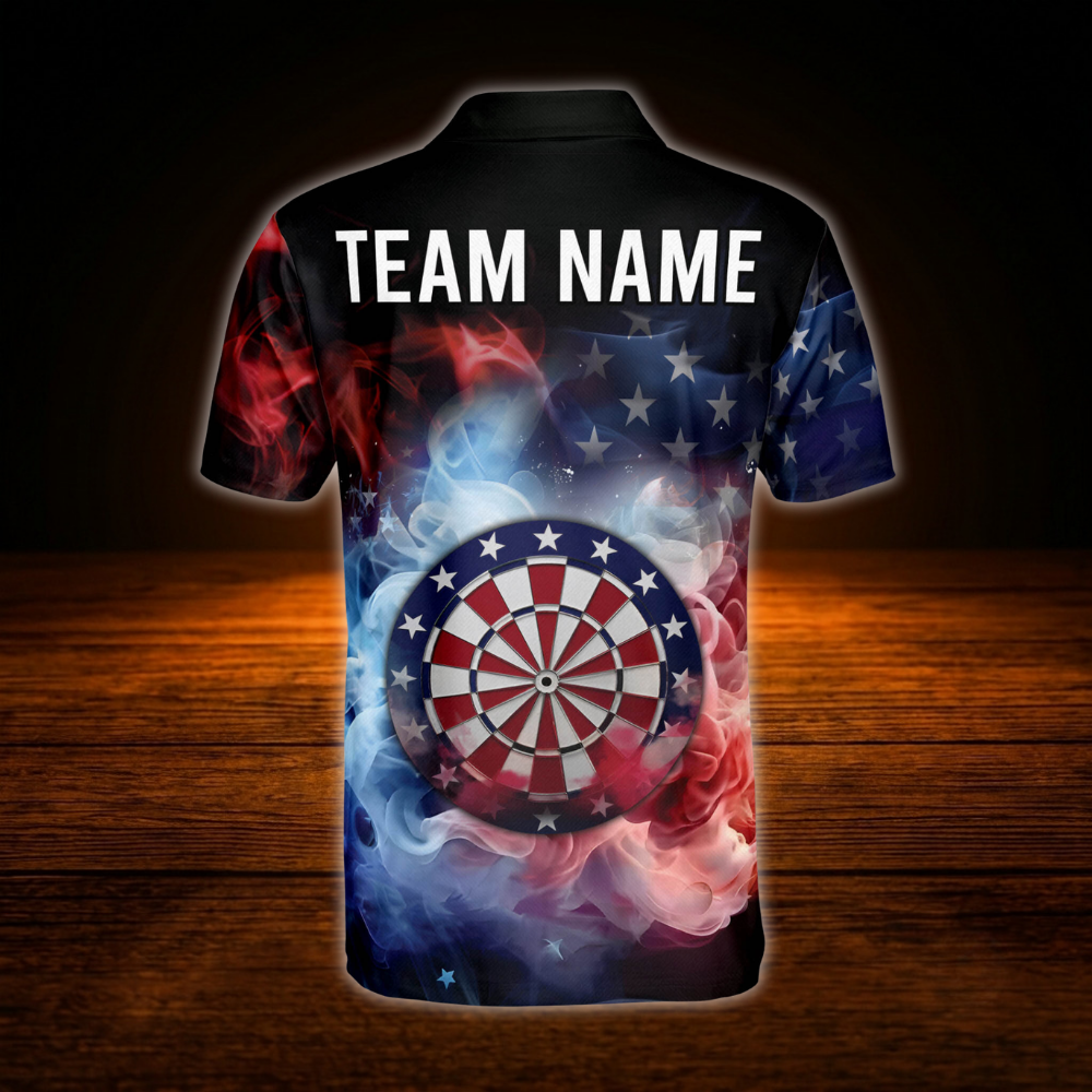 Custom American Flag Smoke Darts Mens Polo Shirt, Personalized Patriotic Darts Team Shirts DM0025