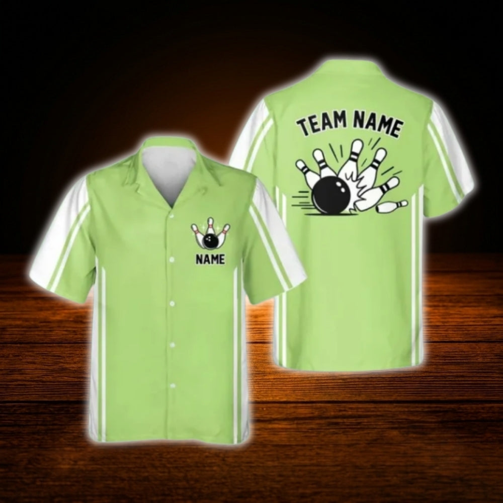 Custom Green White Retro Bowling Hawaiian Shirt, Custom Retro Team Bowling Shirt
