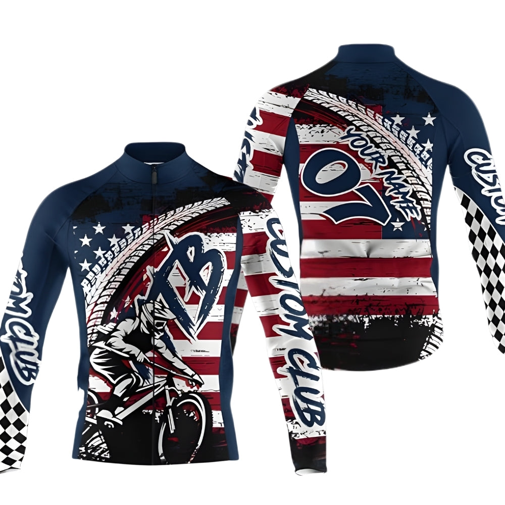 Custom American Flag MTB Cycling Long Sleeve Jersey For Mens, Custom Patriotic Cycling Jerseys For Team CZ0115