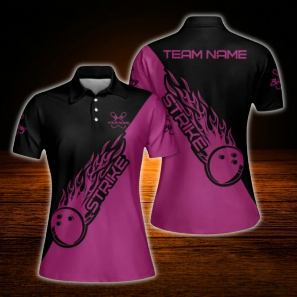 Women's Custom Blue Black Flame Bowling Polo Shirt, Custom Flame Bowling Team Shirt Ladies