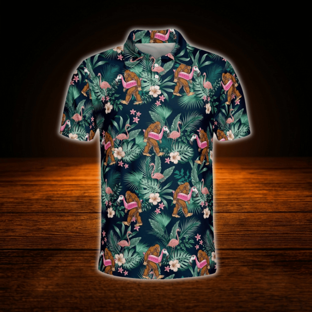 Bigfoot Floral Palm Tree Tropical Mens Golf Polo Shirts, Bigfoot Golf Shirts