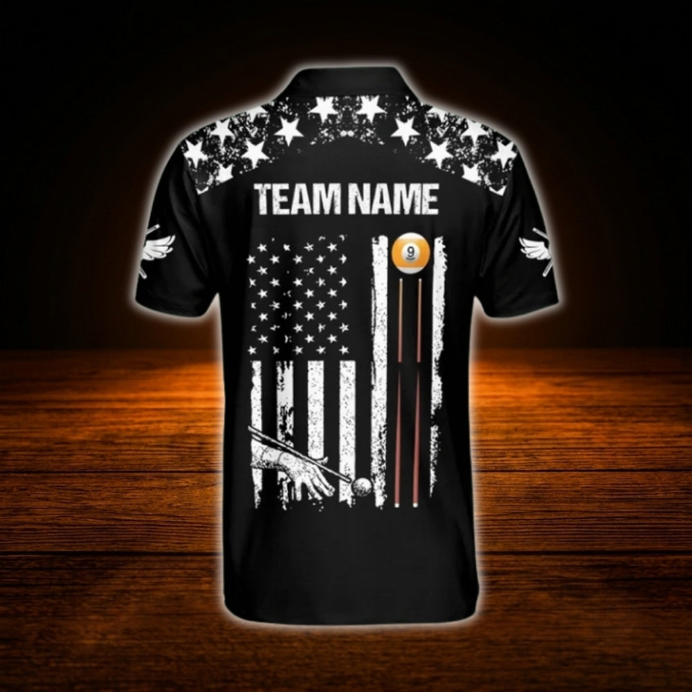 Custom 9 Ball USA Flag Billiard Polo Shirt, Custom Team Patriot Billiard Shirt