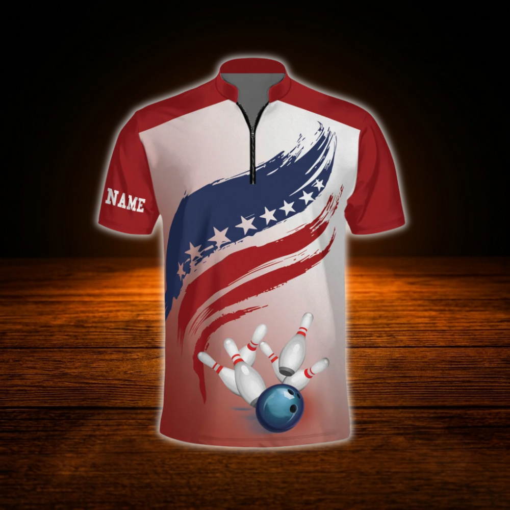 Custom American Flag Men's Bowling Jersey, Custom Patriotic Bowling Shirt