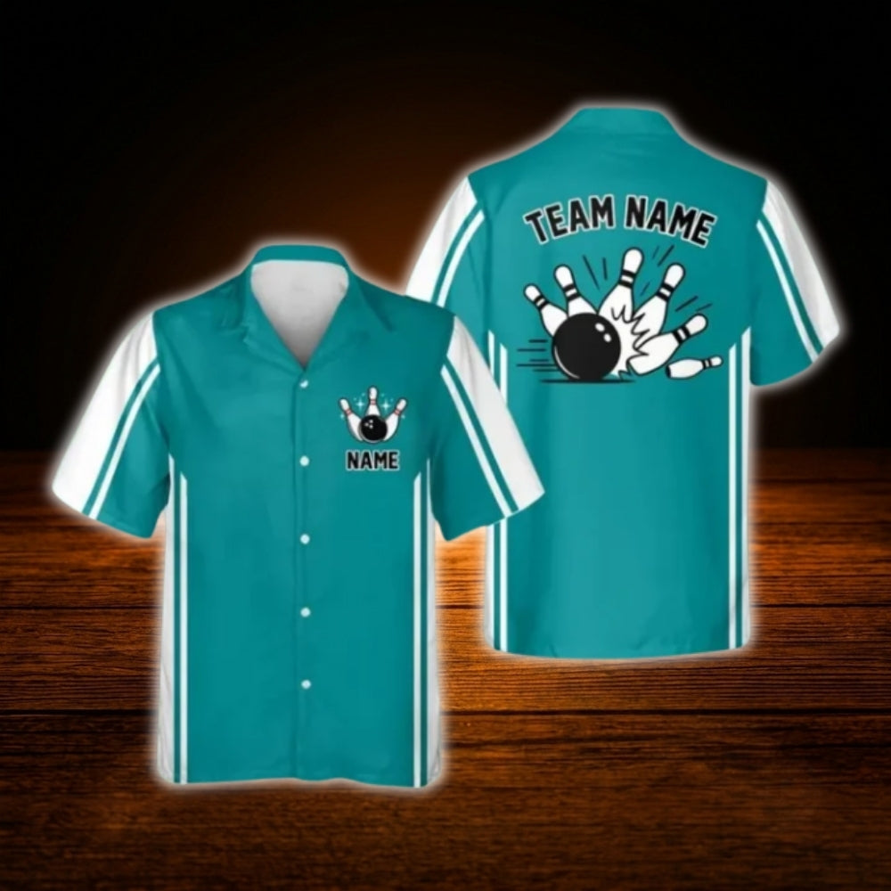 Custom Green White Retro Bowling Hawaiian Shirt, Custom Retro Team Bowling Shirt