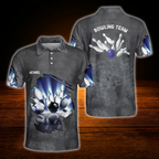 Custom Team Grey Blue Lighting Bowling Polo Shirt For Men, Custom Bowling Shirt
