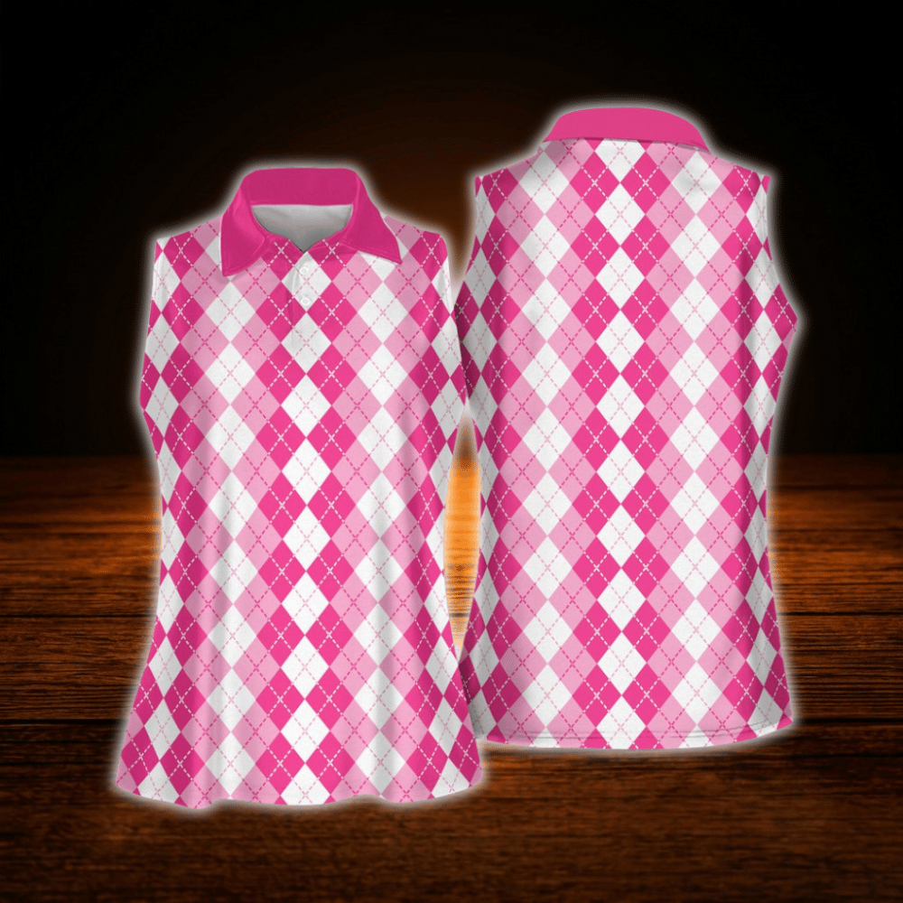Women's Pink Argyle  Sleeveless Golf Shirt, Argyle Golf Shirt For Women