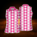 Women's Pink Argyle  Sleeveless Golf Shirt, Argyle Golf Shirt For Women