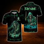 Custom Skeleton Billiard Men Polo Shirt Green Black, Custom Skull Billiard Team Shirt
