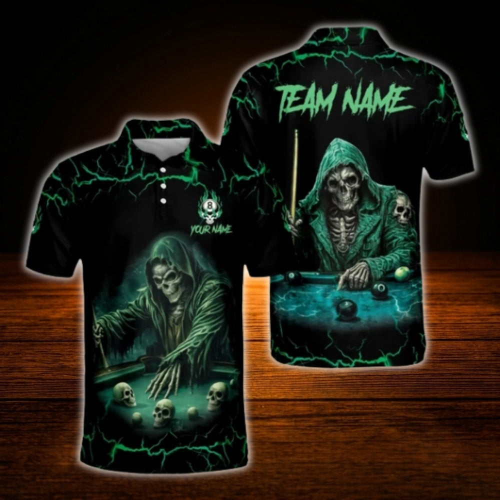 Custom Skeleton Billiard Men Polo Shirt Green Black, Custom Skull Billiard Team Shirt