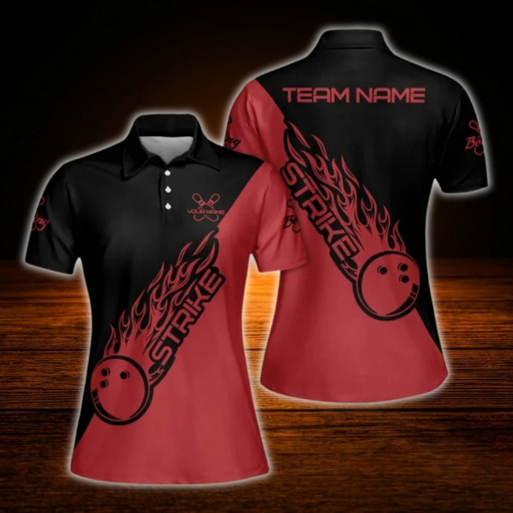 Women's Custom Blue Black Flame Bowling Polo Shirt, Custom Flame Bowling Team Shirt Ladies